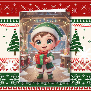 Cute Chibi Elf with Christmas Gift Personalised Card