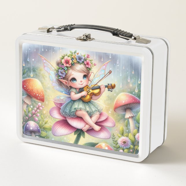 Cute Chibi Fairy with Violin on Pink Flower Metal Lunch Box (Front)