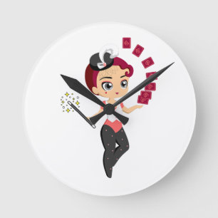 Cute Chibi Female Magician Performing Card Magic Round Clock