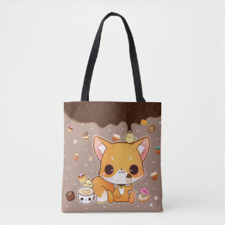 Cute chibi fox with kawaii icecream tote bag