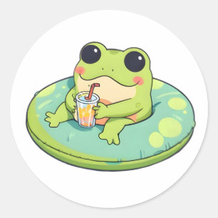 Cute Chibi Frog Summer Pool Day Lemonade Design Classic Round Sticker