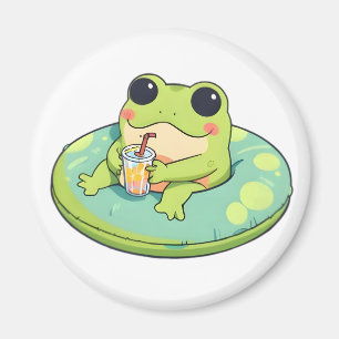 Cute Chibi Frog Summer Pool Day Lemonade Design Magnet