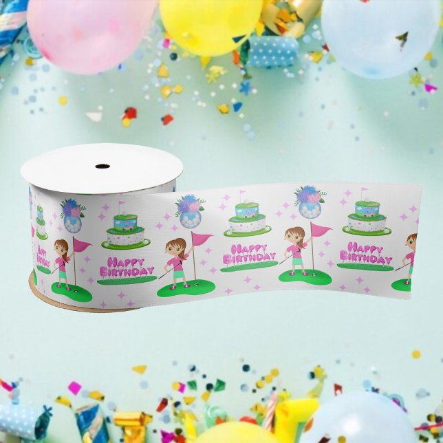 Cute Chibi Girl Birthday Golfing Themed Birthday  Satin Ribbon (Creator Uploaded)
