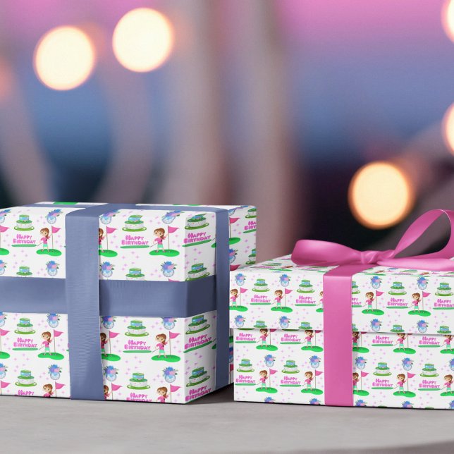 Cute Chibi Girl Birthday Golfing Themed Birthday  Wrapping Paper Sheet (Creator Uploaded)