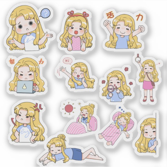 Cute Chibi Girl Emotions Vinyl Sticker Set (Front)
