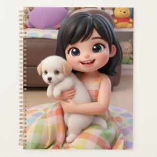 Cute Chibi Girl Hugging White Puppy Dog Planner