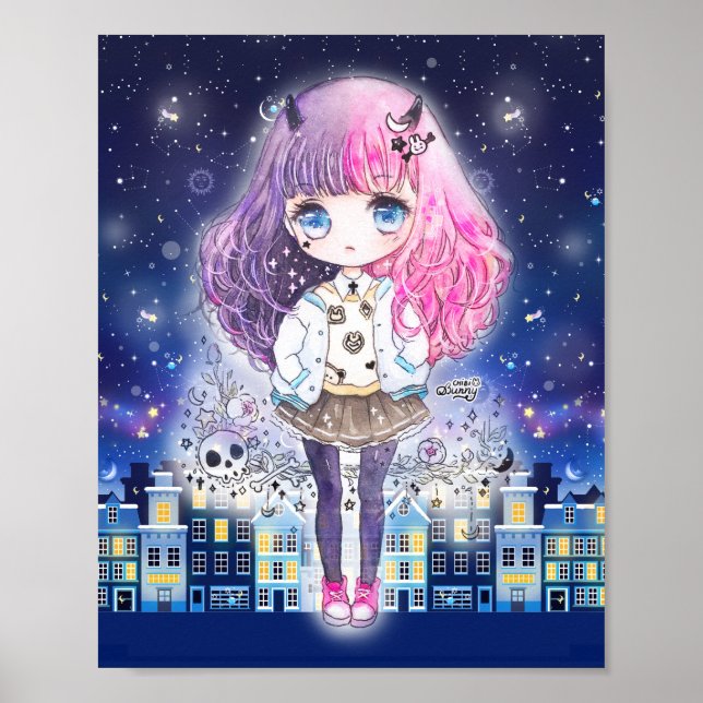 Cute chibi girl in a city of stars poster (Front)