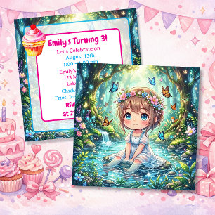 Cute Chibi Girl in Enchanted Forest Birthday Party Invitation