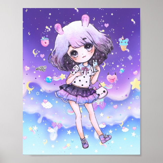 Cute chibi girl in kawaii pastel galaxy poster (Front)
