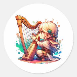 Cute Chibi Girl Playing Harp Classic Round Sticker