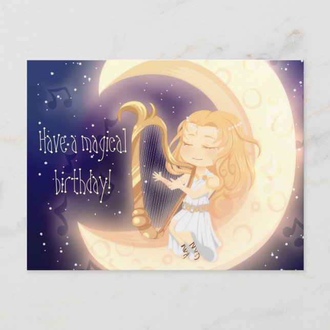 Cute Chibi girl playing harp on the moon birthday Postcard (Front)