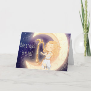Cute Chibi girl playing harp on the moon Card