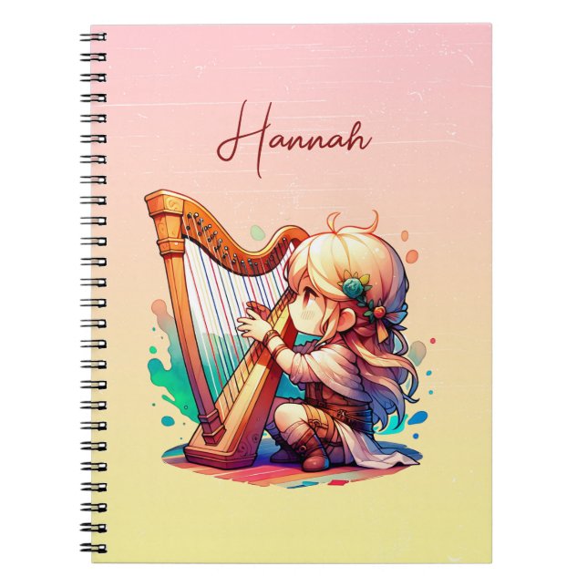 Cute Chibi Girl Playing Harp Personalised Notebook (Front)