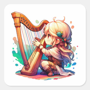 Cute Chibi Girl Playing Harp Square Sticker
