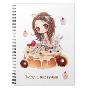 Cute chibi girl sitting on a delicous cinnamon bun notebook