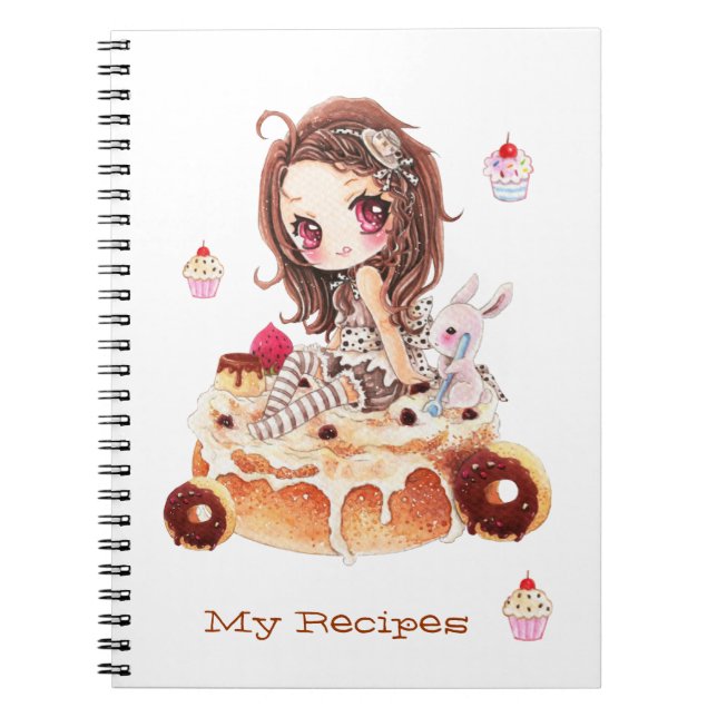 Cute chibi girl sitting on a delicous cinnamon bun notebook (Front)