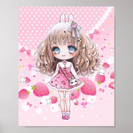 Cute Chibi Girl With Kawaii Strawberries Poster Zazzle Co Uk