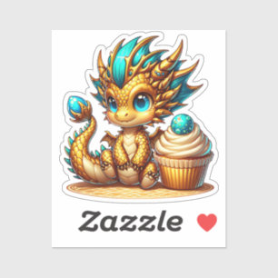Cute Chibi Gold and Blue Dragon with Cupcake
