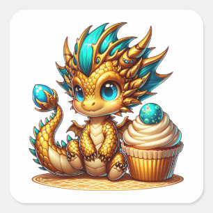 Cute Chibi Gold and Blue Dragon with Cupcake Square Sticker