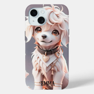 Cute Chibi Golden Retriever Puppy Kids Custom Name iPhone 15 Case
