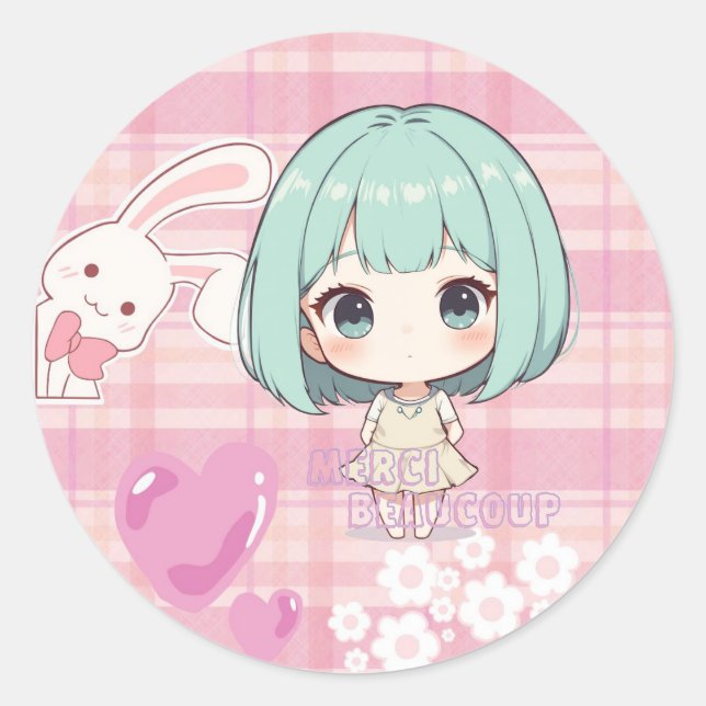 Cute Chibi Green Hair Classic Round Sticker (Front)