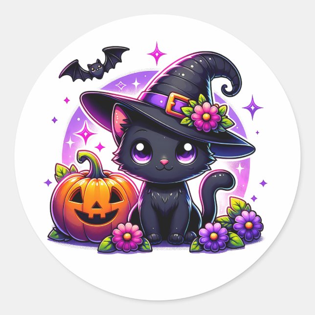 Cute Chibi Halloween Black Cat and Pumpkin Classic Round Sticker (Front)