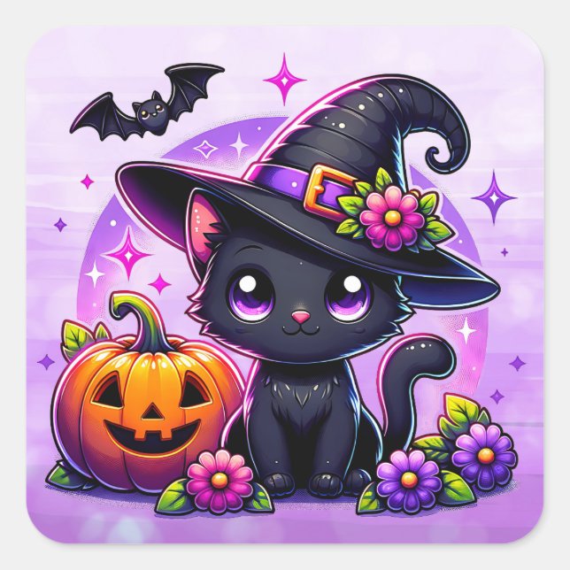 Cute Chibi Halloween Black Cat and Pumpkin Square Sticker (Front)