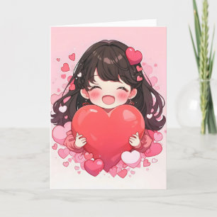 Cute Chibi Heart Anime Girl Holiday Card