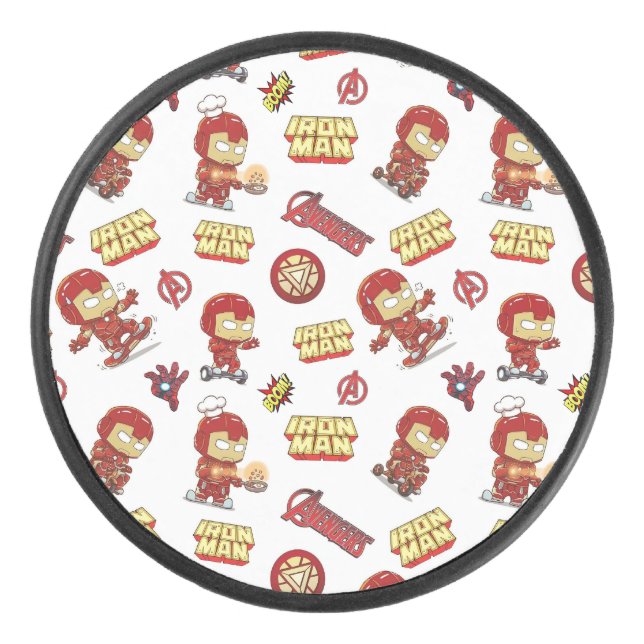 Cute Chibi Iron Man Seamless Pattern - Superhero  Hockey Puck (Front)