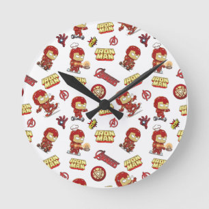 Cute Chibi Iron Man Seamless Pattern - Superhero Round Clock