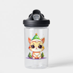 Cute Chibi Kawaii Cartoon Christmas Kitty Cat Water Bottle