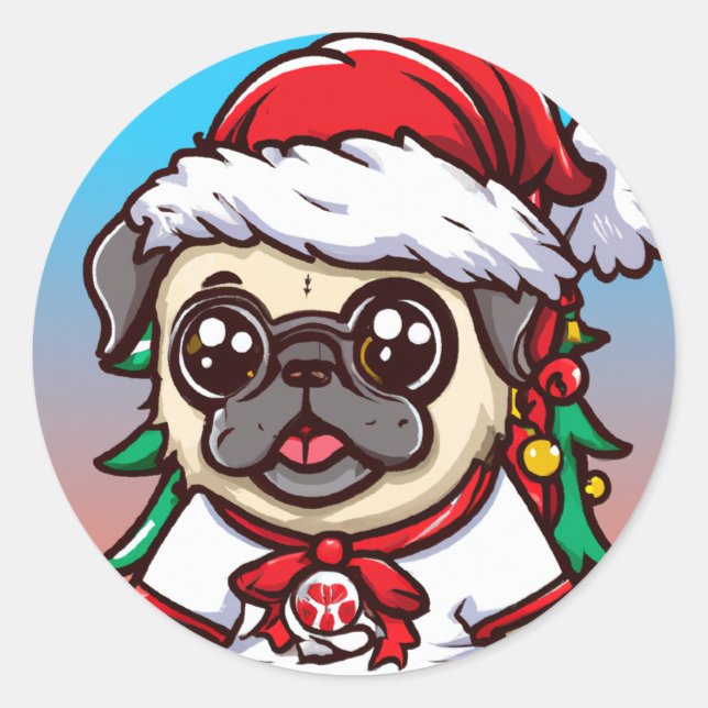 Cute Chibi Kawaii Dog Pug Christmas Sticker (Front)