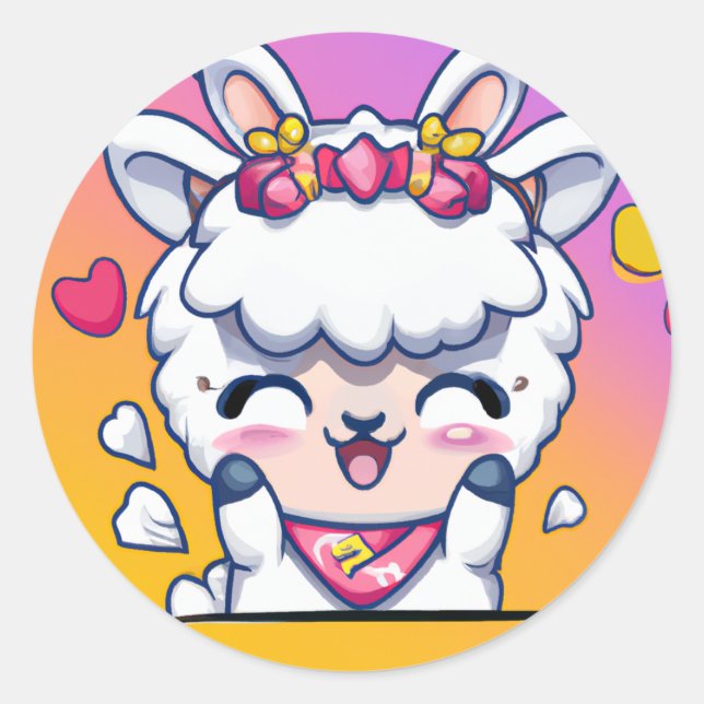 Cute Chibi Kawaii Llama Love Sunset Classic Round Sticker (Front)