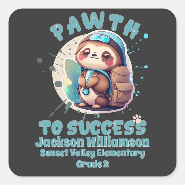 Cute Chibi Kawaii Sloth Name School Grade Square Sticker (Front)
