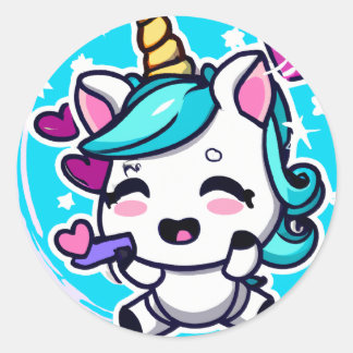 Cute Chibi Kawaii Unicorn Blue Pink Hearts Classic Round Sticker