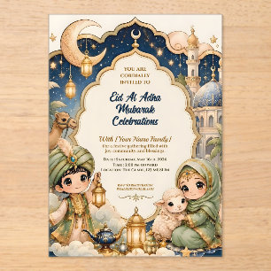 Cute Chibi Kid Luxury Eid Al Adha Mubarak Acrylic Invitations