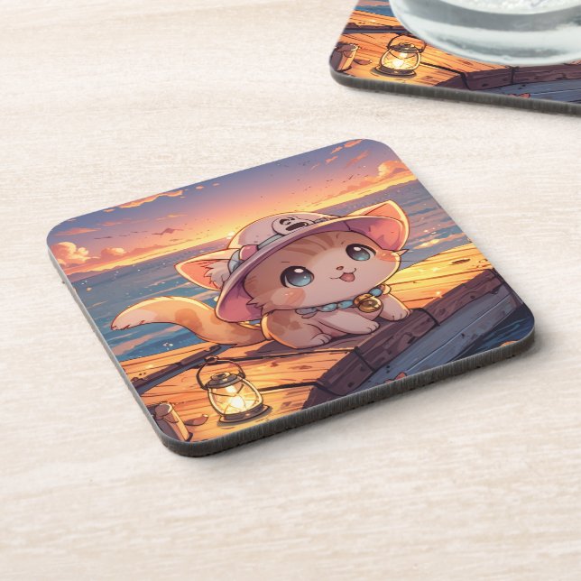 Cute Chibi Kitten at the Harbor Sunset – Whimsical Coaster (Left Side)