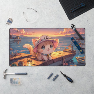 Cute Chibi Kitten at the Harbor Sunset – Whimsical Desk Mat