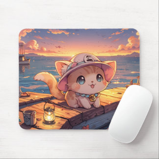 Cute Chibi Kitten at the Harbor Sunset – Whimsical Mouse Mat