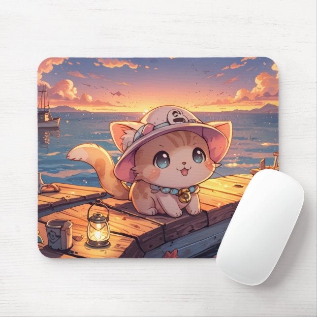 Cute Chibi Kitten at the Harbor Sunset – Whimsical Mouse Mat (With Mouse)