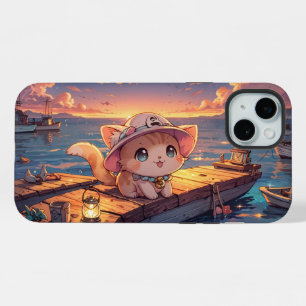 Cute Chibi Kitten at the Harbour Sunset – Whimsica iPhone 15 Plus Case