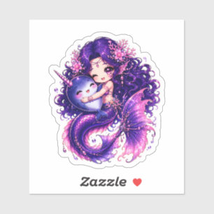 Cute Chibi Mermaid Hugging Baby Narwhal