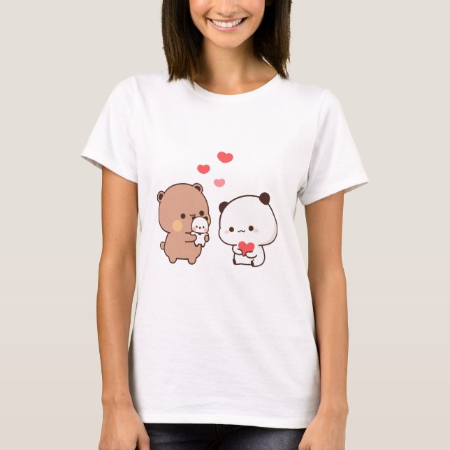 Cute chibi panda bear, milk and mocha heart love T-Shirt (Front)