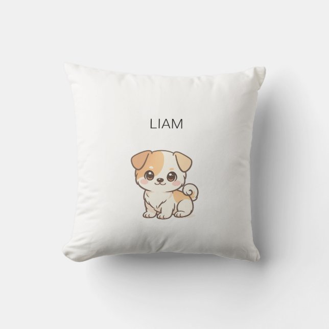 Cute Chibi Puppy Custom Name Nursery Throw Pillow (Front)