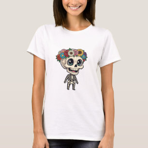 Cute Chibi Skeleton Character Wearing Colorful T-Shirt