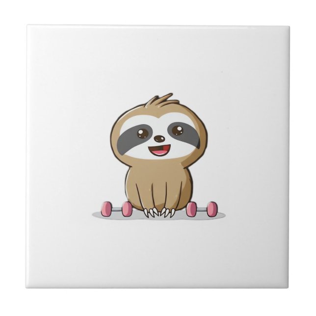 Cute Chibi Sloth Workout � Funny Kawaii Gym Animal Tile (Front)