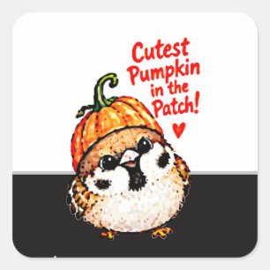 Cute Chibi Sparrow Bird Halloween Pumpkin Square Sticker