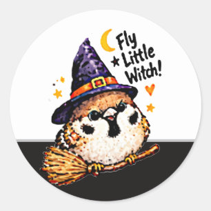 Cute Chibi Sparrow Bird Halloween Witch fun Classic Round Sticker