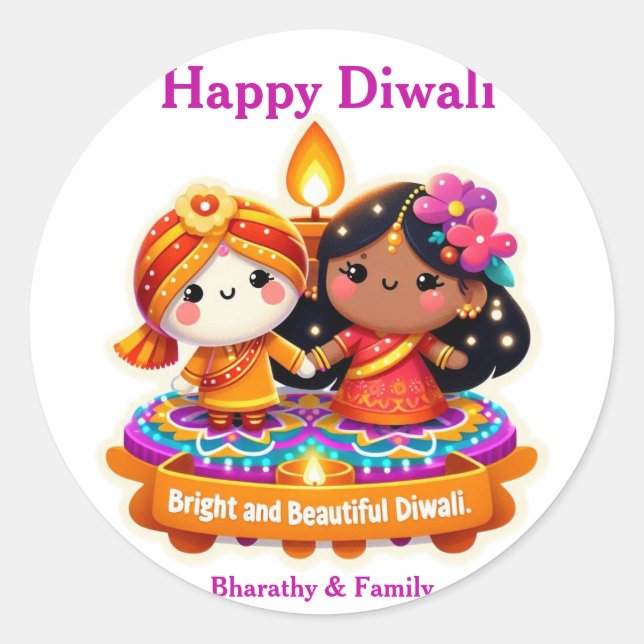 Cute Chibi Style Characters in Diwali attire Classic Round Sticker (Front)