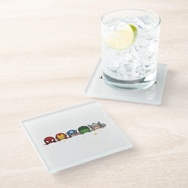 Cute Chibi Superhero Team Peeking Graphic Glass Coaster (Angled)